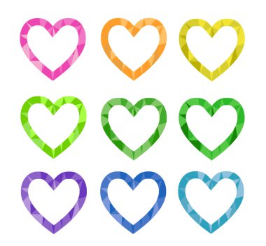 Modern çokgen çerçeve kalpleri, parlak halftone dekoratif unsurlar, Sevgililer Günü vektör nesneleri kümesi. Posterler, kartlar, davetiyeler, günlükler, sosyal medya ve web afişleri için kullanılabilir