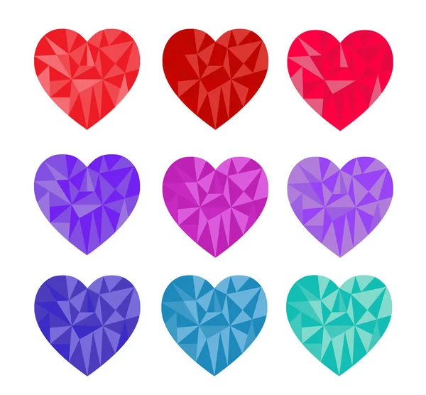 Set Corazones Poligonales Semitonos Brillantes Joyas Corazón Piedras Día San — Vector de stock