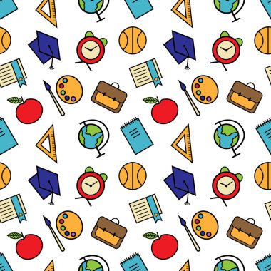 Geri okula eğlenceli sorunsuz desen. Beyaz arka planda renkli okul malzemeleri. Vektör illüstrasyon. Posterler, kartlar, afişler, ambalaj kağıdı, hediye kutuları vb için kullanılabilir.