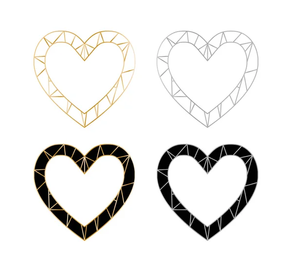 Sada Polygonálních Gradientových Rámů Srdce Stříbrné Zlaté Poly Elementy Použitelné — Stockový vektor