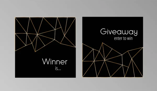 Sosyal medya sayfası, hediye ve kazanan kare şablonları için modern poli afiş. Vektör illüstrasyon, standart ölçekli boyut. Siyah arka planda altın çokgen unsurlar