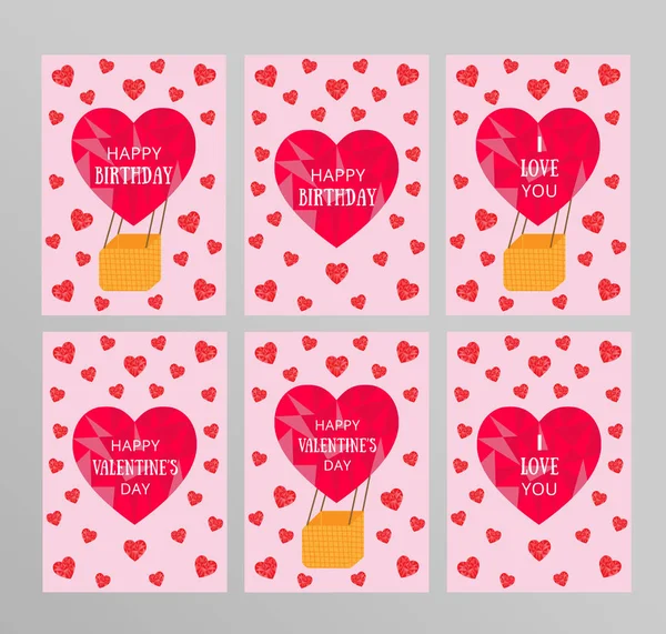 かわいいピンクのポストカードとポスターのセット バレンタインデー 誕生日おめでとう 私はあなたを愛しています 多角形のハートパターンを持つ気球 ベクトルイラスト 標準A4スケールサイズ — ストックベクタ