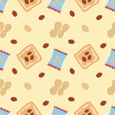 Tost, fıstık paketi, çekirdekleri ve fındık ile Dikişsiz desen. Sevimli vektör süsü. Posterler, afişler, kartlar, ürün ambalajı, ambalaj kağıdı için kullanılabilir