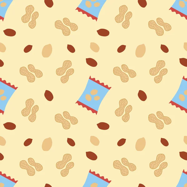 Fıstık paketi, çekirdekler ve fındık kabukları ile dikişsiz tekrar desen. Vektör illüstrasyon. Posterler, afişler, kartlar, ürün ambalajı, ambalaj kağıdı için kullanılabilir