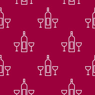Kırmızı mor arka plan üzerinde beyaz şarap şişesi ve gözlük ile dikişsiz tekrar desen. Restoran menüsü, kartlar, posterler, afişler, ambalaj kağıdı, kutular, ürün ambalajı için zarif vektör süsü