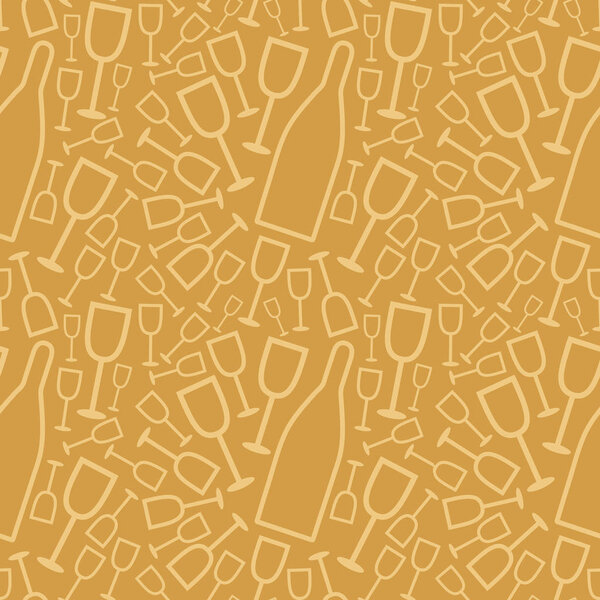 Seamless golden repeat pattern with champagne glasses and bottles. Vector illustration. Elegant ornament for banners, posters, cards, wrapping paper, packaging, invitations