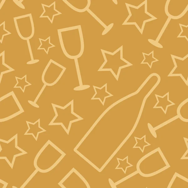 Padrão Ano Novo Dourado Com Estrelas Taças Champanhe Garrafas Ilustração — Vetor de Stock