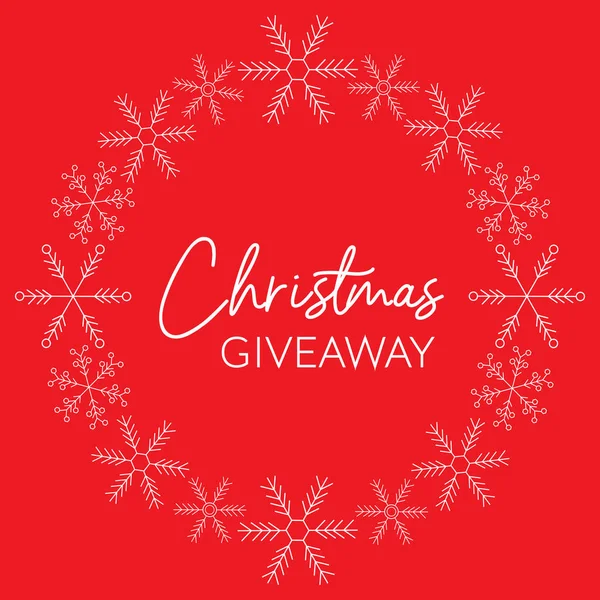 Ödül ile online yarışma için Noel hediye afiş. Kırmızı arka planda beyaz kar tanesi çelenk ile Sosyal medya şablonu. Kare vektör çizimi