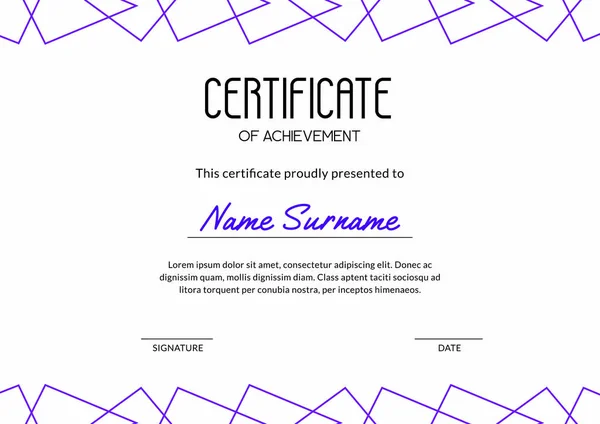 Modern Certificate Template Purple Outline Triangles Sample Text Usable Educational — Stock Vector