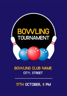 Bowling turnuvası için modern poster şablonu. Mavi arka planda iğneler ve topları ile bowling kulübü için davet el ilanı. Vektör A4 ölçekli illüstrasyon