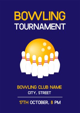 Bowling kulübü için beyaz iğne ve sarı top ham bowling turnuva posteri. Yarışmalar için A4 ölçekli vektör davetiye el ilanı şablonu