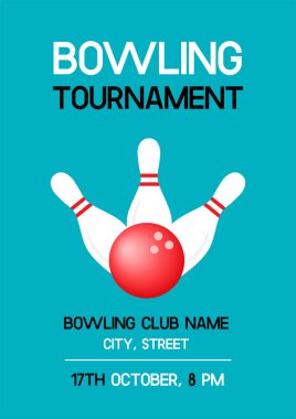 Bowling kulüpleri için örnek metin ile Bowling turnuva posteri. Yeşil mavi arka plan üzerinde beyaz iğneler ve kırmızı top ile Davet el ilanı şablonu. A4 ölçekli vektör illüstrasyonu