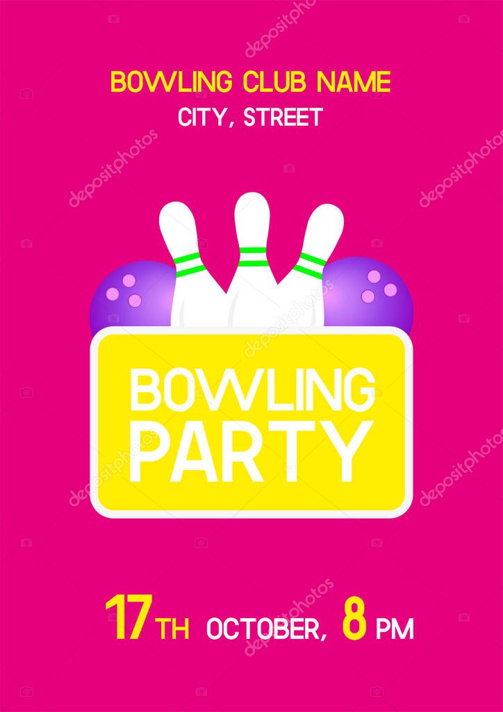 Bowling Party Neon Poster Template With Purple Balls And White Pins On The Bright Pink Background Original Colorful Invitation Flyer For Bowling Club With Sample Text Vector Scaled Illustration Premium
