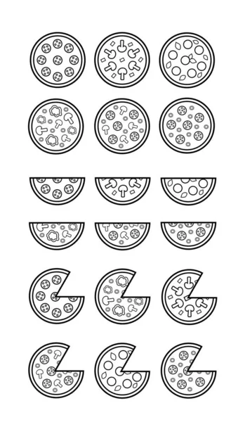 大纲比萨饼图标集 大型意大利食品集合简单的线性对象 圆形比萨饼与辣椒 奶酪和罗勒 卡片的矢量插图 — 图库矢量图片