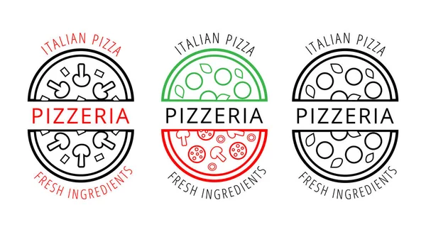 Emblemas Pizza Vetorial Com Cogumelos Mussarela Pepperoni Manjericão Azeitonas Feta —  Vetores de Stock