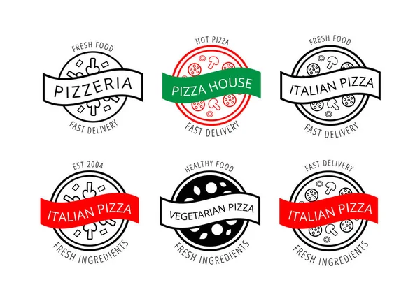 Conjunto Logotipos Para Pizzaria Café Restaurante Entrega Padaria Emblemas Contorno —  Vetores de Stock