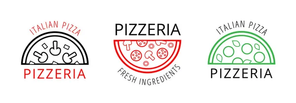 Kafe, restoran, teslimat, pizzacı, fırın için izole vektör pizza logoları koleksiyonu. Mantar, mozzarella, pepperoni, fesleğen, zeytin, feta ile amblemler. Gıda şirketi ürünleri için marka tasarımı
