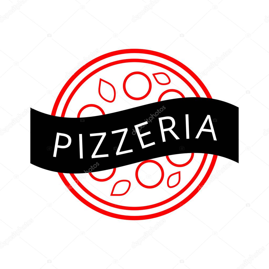Pizza logo design for products, cafe, restaurant, delivery, pizzeria, bakery. Black and red vector emblem with pizza, mozzarella and basil