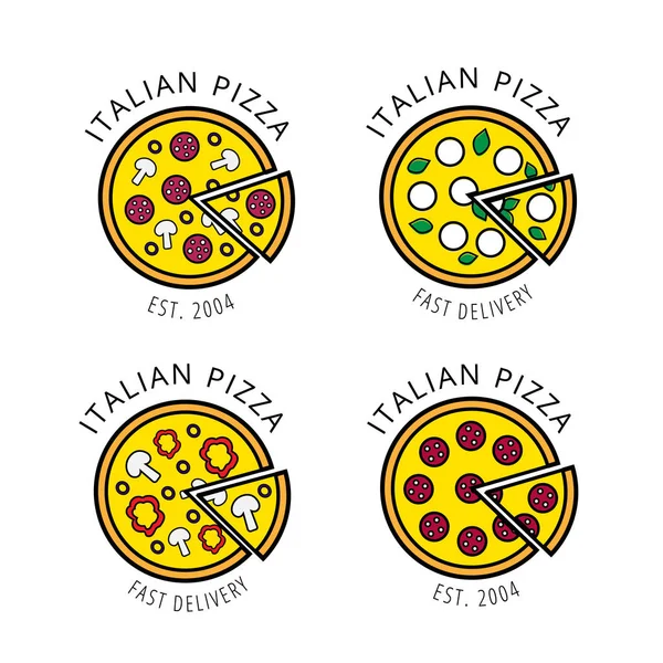 Conjunto Quatro Logotipos Pizza Brilhante Para Entrega Produto Café Restaurante —  Vetores de Stock