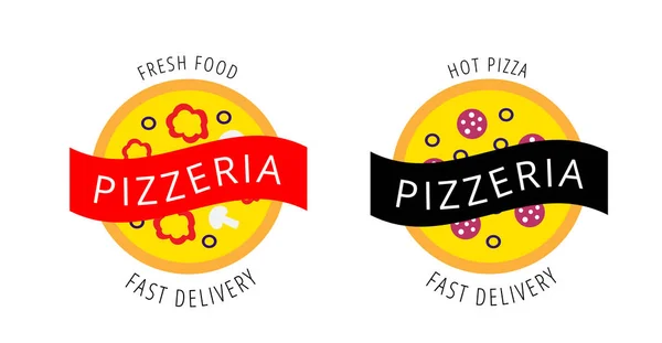 Conjunto Logotipos Pizza Coloridos Com Pepperoni Pimenta Azeitonas Cogumelos Distintivos —  Vetores de Stock