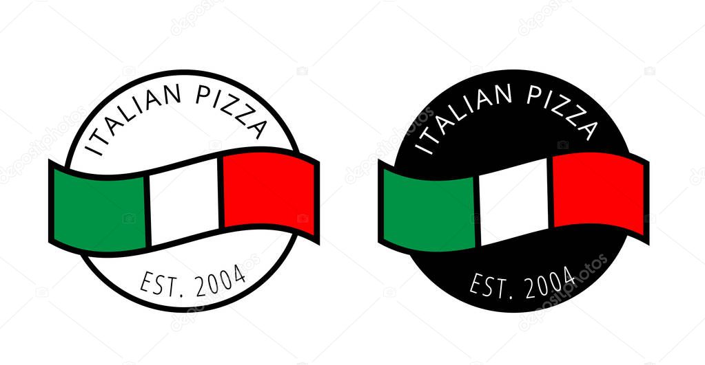 Simple and clean logos for for pizza house, cafe, restaurant, pizzeria, frozen products. Stylish vector emblems with black and white circles and Italian flag