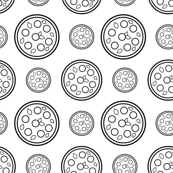 Seamless Repeat Food Pattern Monochrome Outline Pizza Decoration Ornament Food — Stock Vector