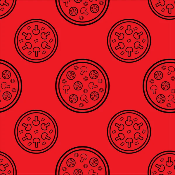 Seamless Outline Pizza Pattern Mushrooms Pepperoni Olives Feta Black Red — Stock Vector