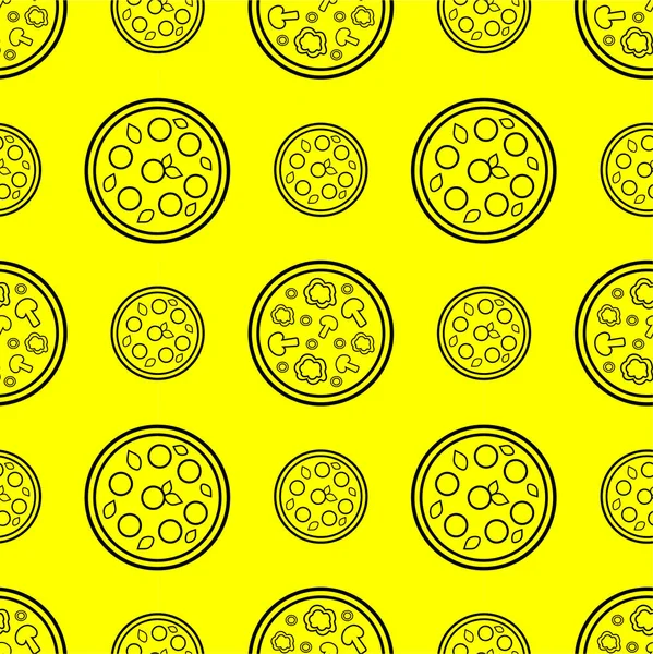 Ürünler, kafe, pizzacı markası için kesintisiz tekrar pizza deseni: el ilanları, posterler, afişler, ambalaj, ambalaj kağıdı. Sarı arka planda siyah anahat pizza ile Vektör retro süs