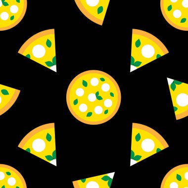 Kartlar, el ilanları, posterler, afişler, ambalaj, ambalaj kağıdı için vektör dikişsiz pizza deseni. Siyah arka plan üzerinde renkli pizza dilimi ile vektör illüstrasyon