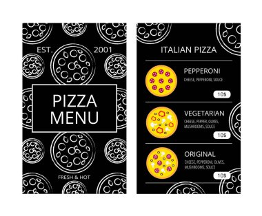 Kafe, restoran, pizzacı, teslimat, fırın için pizza menüsü. Yemekler resimleri ile Retro siyah beyaz şablon. Orijinal vektör dinning menüsü. Standart ölçeklenmiş boyut (8,5*14 içinde.)