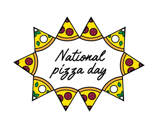 Farklı dilimlerle orijinal ulusal pizza günü afişi. Kafe, pizzacı, teslimat veya restoran posteri, broşür, davetiye, kart için vektör illüstrasyonu