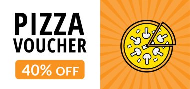 Lezzetli pizza resimli orijinal indirim kuponu şablonu. Pizzacı, restoran ve kafe için% 40 indirim kuponu. Standart ölçekli boyut: 210 * 99 mm (8,3 * 3,4 in)