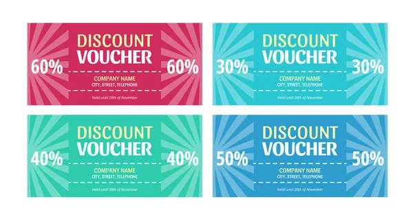 Pastel indirim kuponları% 30, 40, 50, 60 indirimli. Örnek metin içeren kırmızı, mavi, yeşil ve yeşil kupon şablonları. Standart ölçekli boyut: 210 * 99 mm (8,3 * 3,4 in)