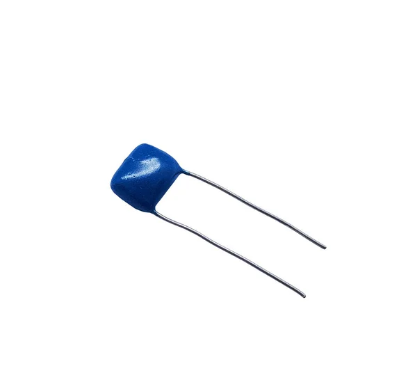 Capacitor Isolado Azul Prata Fundo Branco Dispositivo Semicondutor Para Banner — Fotografia de Stock