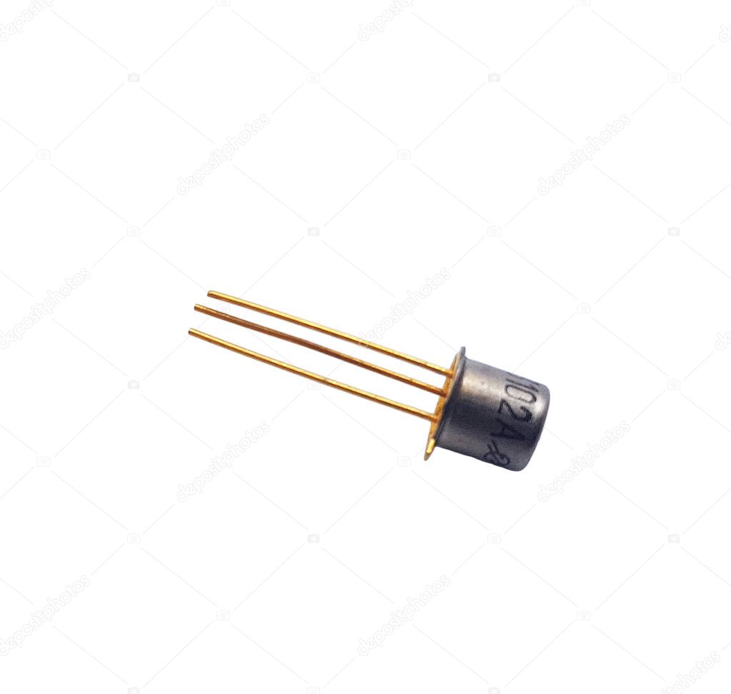 Isolated gold and silver transistor. Semiconductor device on the white background. Usable for electronic banners, posters, cards, flyers
