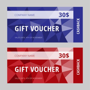 Kırmızı ve mavi çokgen arkaplanlı hediye çekleri. Geometrik özel indirim kuponu reklam için. Vektör illüstrasyonu
