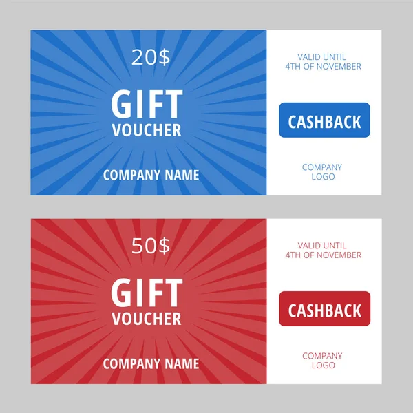 Örnek metin içeren minimalizm hediye çekleri. Parlak kırmızı ve mavi indirimli indirim kuponu. Vektör illüstrasyonu