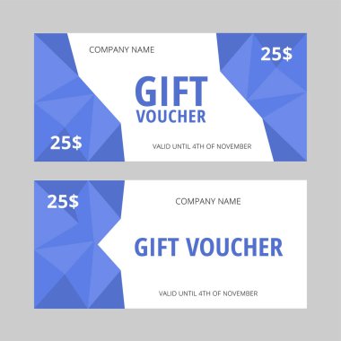 Mavi çokgen elementli hediye çeki şablonu. Örnek metin içeren çok amaçlı kupon. Vektör illüstrasyonu