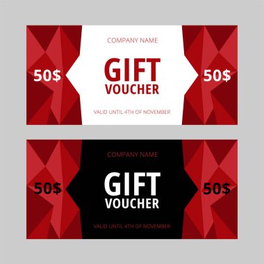 Siyahi, beyaz ve kırmızı hediye çeki koleksiyonu. Örnek metin içeren çok amaçlı kupon şablonları. Vektör illüstrasyonu