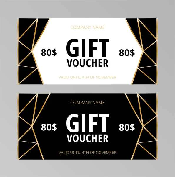 Set Elegant Gift Vouchers Golden Gradient Triangles White Black Background — Stock Vector