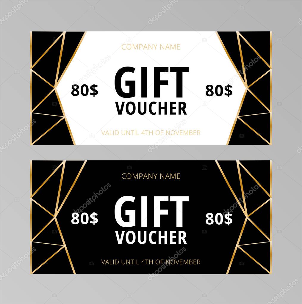Set of elegant gift vouchers with golden gradient triangles on the white and black background. Stylish cards with polygonal elements. Vector illustration
