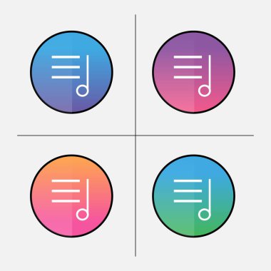 Müzik uygulaması veya web siteleri için dijital yuvarlak tuşlar. Canlı gradyan arkaplanındaki ana parça listesi simgesi. Logolar, arayüzler, farklı ortam ve web siteleri için çok renkli ögeler