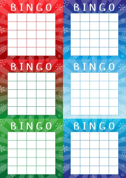 Eğlenceli aile oyunu için noel tombala kartları. Parlak arka planlı ve kar taneli Amerikan piyango biletleri. Sayılar için yeri olan vektör şablonları. Yazdırmaya hazır, A4 biçimi için uygun