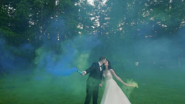 Bruidspaar kus en knuffel kleur rook in het Park. Slow Motion — Stockvideo