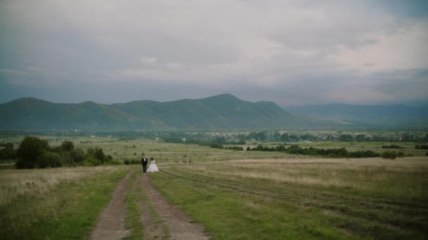 Schönes Hochzeitspaar in den Bergen beim Wandern in Zeitlupe — Stockvideo