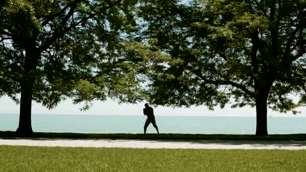 Юный спортсмен, активно занимающийся спортом, кроссфитом, боксом, кикбоксингом на берегу озера. Медленное движение — стоковое видео