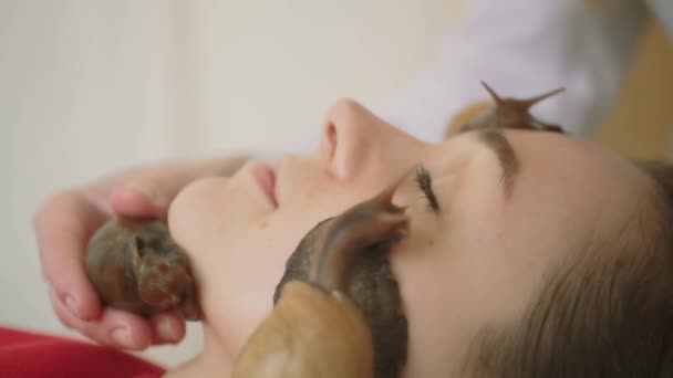 Mujer joven en el masaje del spa recibe un masaje facial con caracoles Achatina. Los caracoles comen la piel muerta de los producidos. Al final, deja la piel suave y fresca. Tiro medio. — Vídeos de Stock