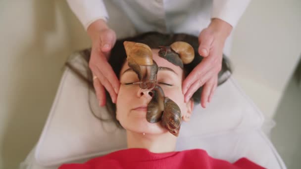 Dwa duże ślimaki na twarzy. Młoda kobieta w spa otrzymuje masaż twarzy z ślimakami Achatina. Ślimaki jedzą martwe skóry z tych produkowanych. W końcu pozostawia skórę gładką i świeżą. . Do góry — Wideo stockowe