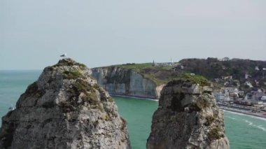 etretat, Fransa uçurum koyuninanılmaz bir görünümü ile iki kayalar ve bir martı