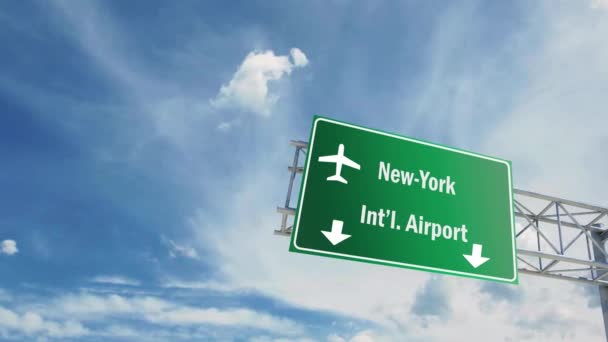 Airport sign. New York airplane passing overhead. — Stock Video